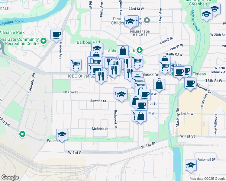 map of restaurants, bars, coffee shops, grocery stores, and more near in North Vancouver