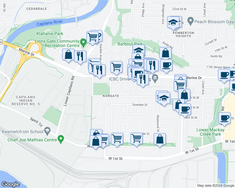 map of restaurants, bars, coffee shops, grocery stores, and more near 1585 Bowser Avenue in North Vancouver