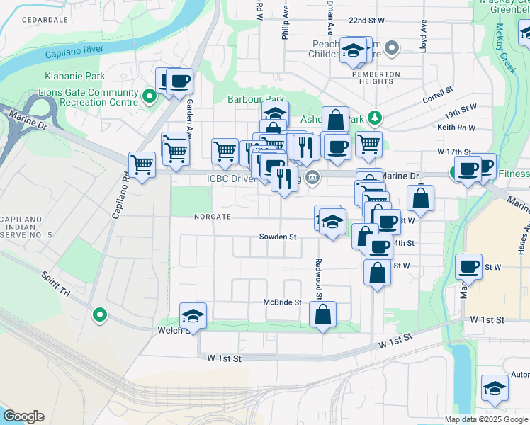 map of restaurants, bars, coffee shops, grocery stores, and more near 1510 Macgowan Avenue in North Vancouver