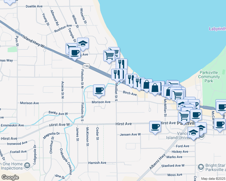 map of restaurants, bars, coffee shops, grocery stores, and more near 155 Moilliet Street in Parksville