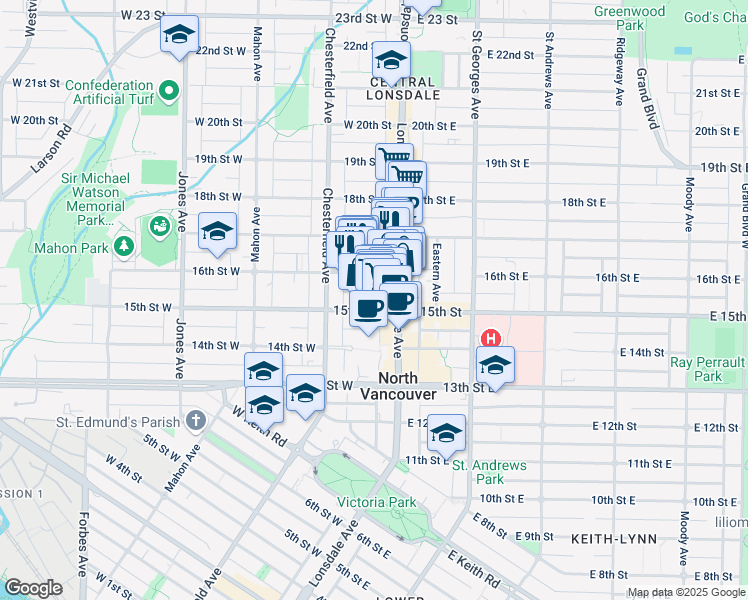 map of restaurants, bars, coffee shops, grocery stores, and more near 101 16th Street West in North Vancouver
