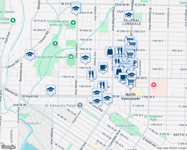 map of restaurants, bars, coffee shops, grocery stores, and more near 1509 Mahon Avenue in North Vancouver