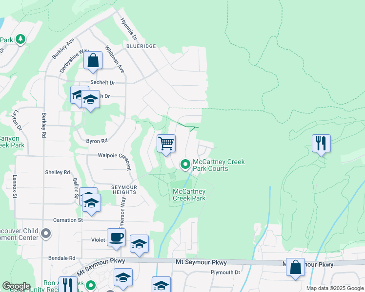 map of restaurants, bars, coffee shops, grocery stores, and more near 1737 Orkney Place in North Vancouver