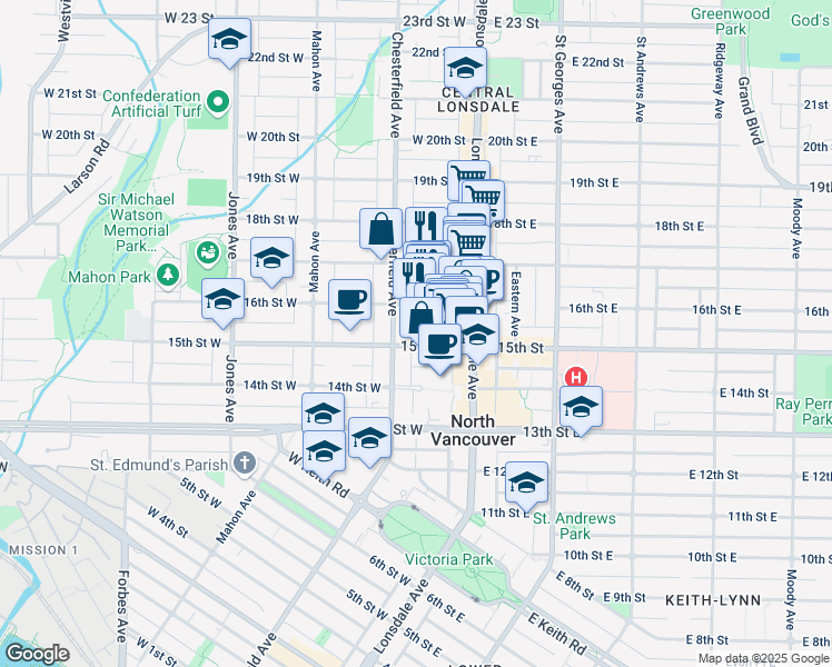 map of restaurants, bars, coffee shops, grocery stores, and more near in North Vancouver