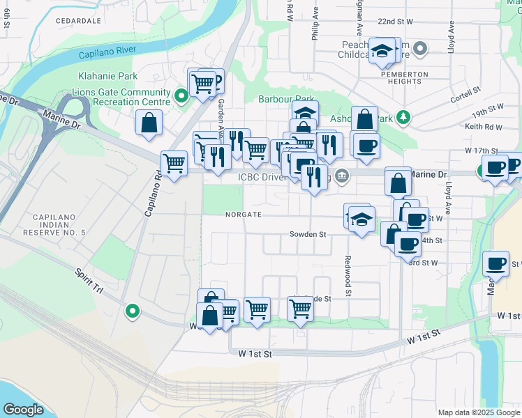 map of restaurants, bars, coffee shops, grocery stores, and more near 1585 Bowser Avenue in North Vancouver
