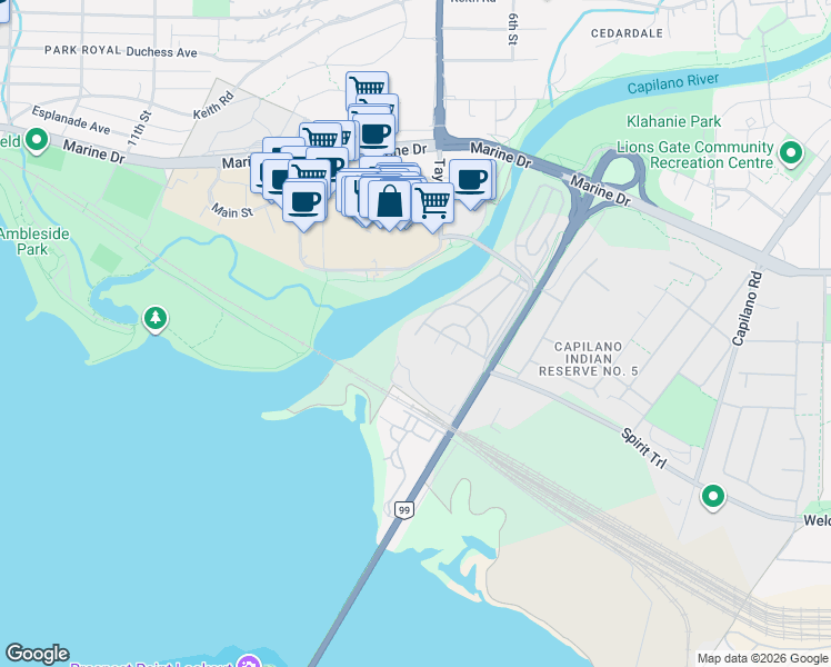 map of restaurants, bars, coffee shops, grocery stores, and more near Raindance Court in Metro Vancouver