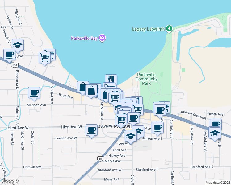 map of restaurants, bars, coffee shops, grocery stores, and more near 181 Beachside Drive in Parksville