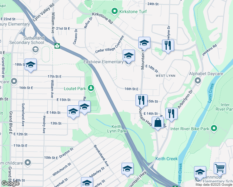 map of restaurants, bars, coffee shops, grocery stores, and more near 1723 Rufus Drive in North Vancouver
