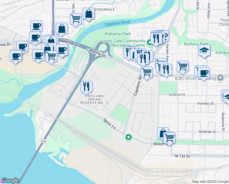 map of restaurants, bars, coffee shops, grocery stores, and more near 199 Khatsilano Road in West Vancouver