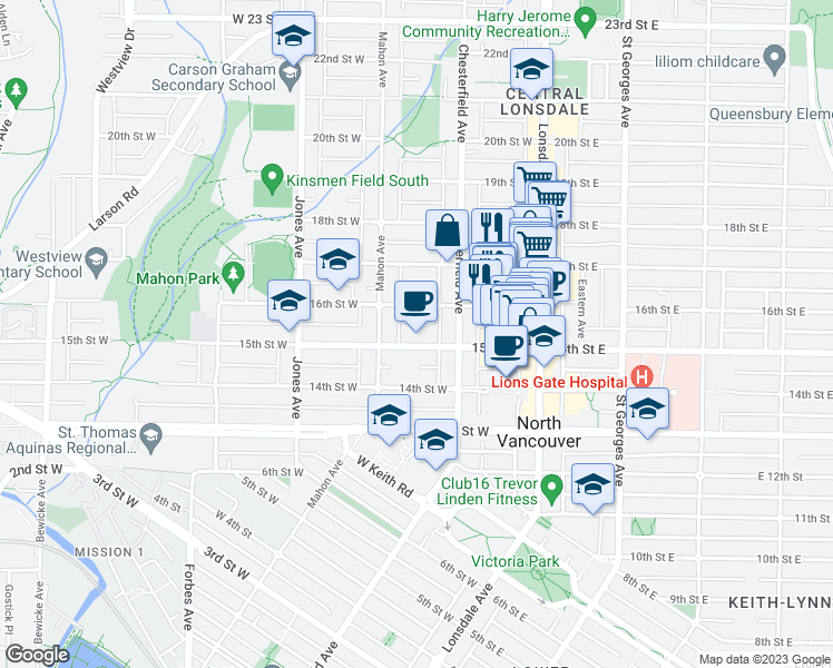 map of restaurants, bars, coffee shops, grocery stores, and more near 230 West 15 Street in North Vancouver