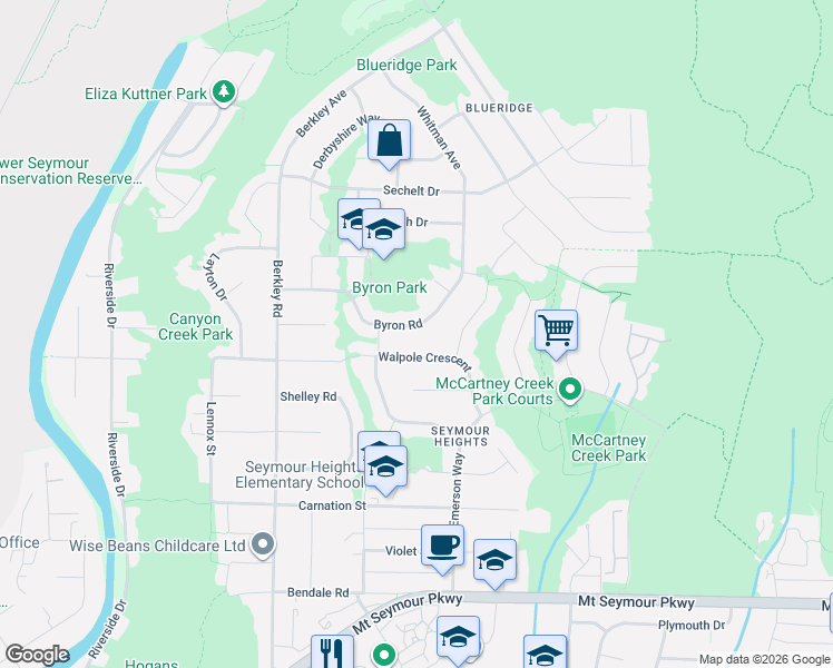 map of restaurants, bars, coffee shops, grocery stores, and more near in North Vancouver