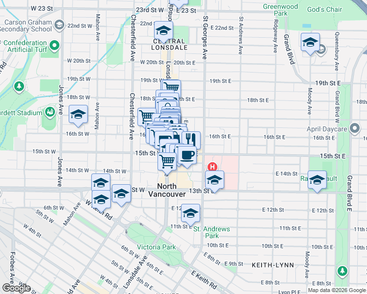map of restaurants, bars, coffee shops, grocery stores, and more near 1515 Eastern Avenue in North Vancouver
