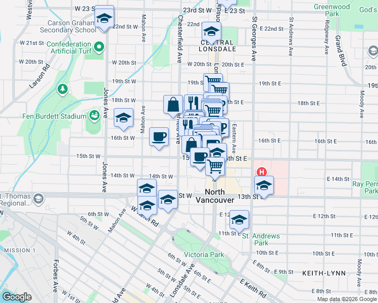 map of restaurants, bars, coffee shops, grocery stores, and more near in North Vancouver