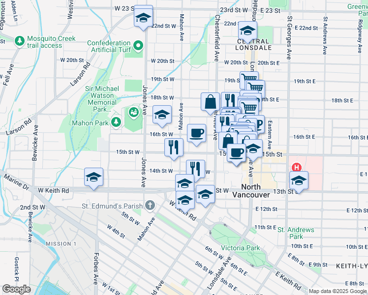 map of restaurants, bars, coffee shops, grocery stores, and more near 1516 Mahon Avenue in North Vancouver