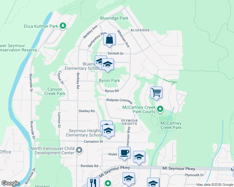 map of restaurants, bars, coffee shops, grocery stores, and more near 2685 Byron Road in North Vancouver