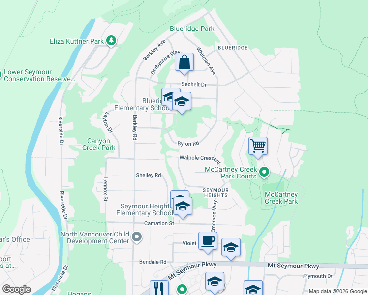 map of restaurants, bars, coffee shops, grocery stores, and more near 2639 Byron Road in North Vancouver
