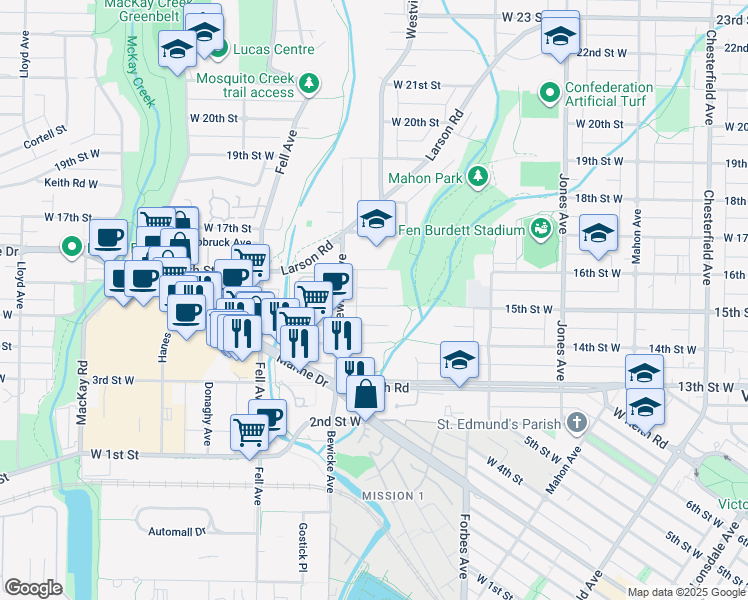 map of restaurants, bars, coffee shops, grocery stores, and more near 640 15th Street West in North Vancouver