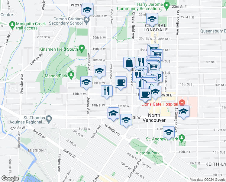 map of restaurants, bars, coffee shops, grocery stores, and more near 1516 Mahon Avenue in North Vancouver