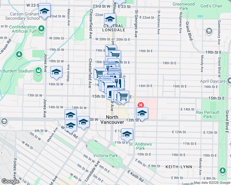 map of restaurants, bars, coffee shops, grocery stores, and more near 1520 Lonsdale Avenue in North Vancouver