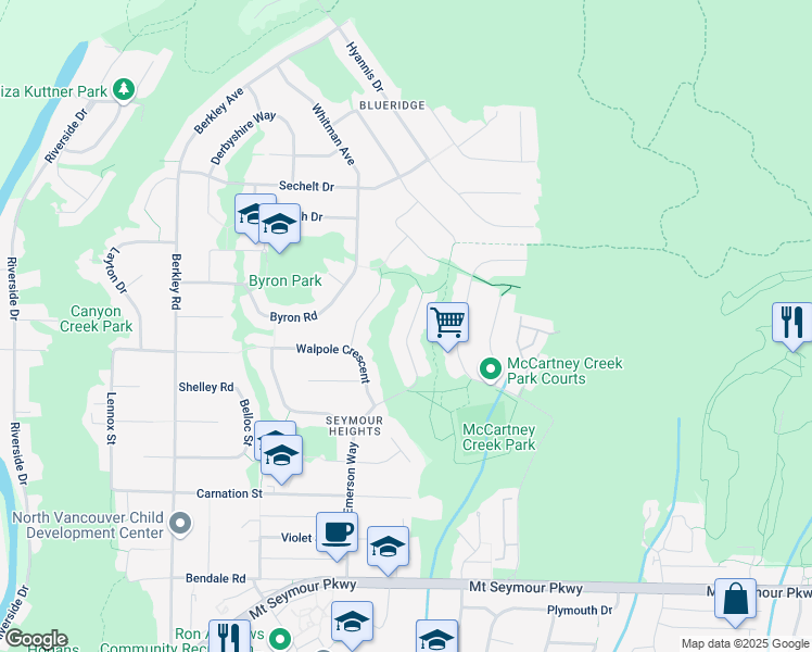 map of restaurants, bars, coffee shops, grocery stores, and more near 1723 Emerson Court in North Vancouver