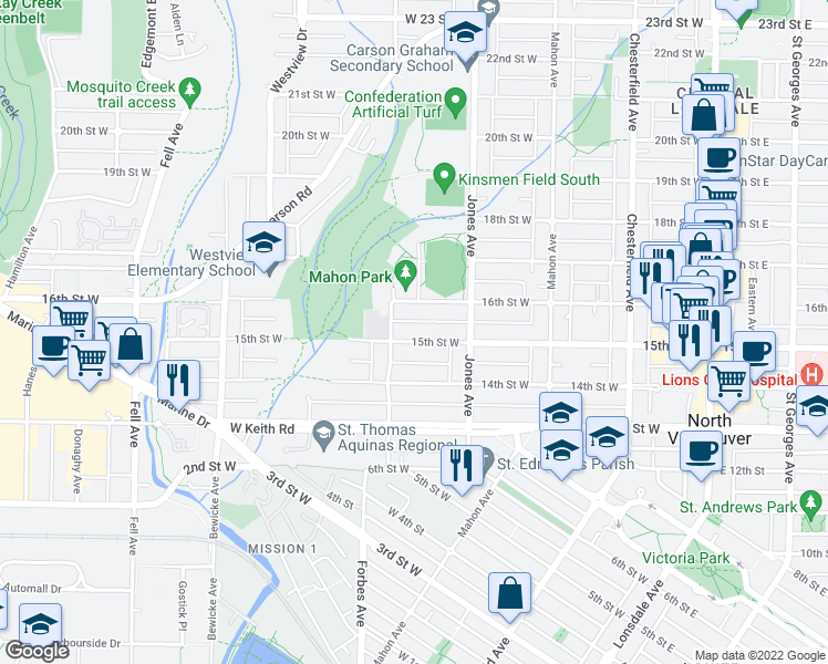 map of restaurants, bars, coffee shops, grocery stores, and more near 450 15th Street West in North Vancouver