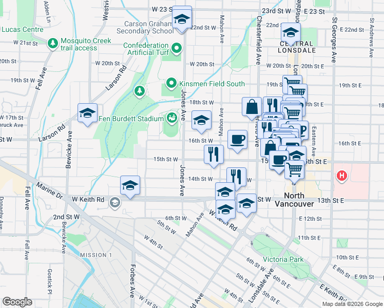 map of restaurants, bars, coffee shops, grocery stores, and more near in North Vancouver