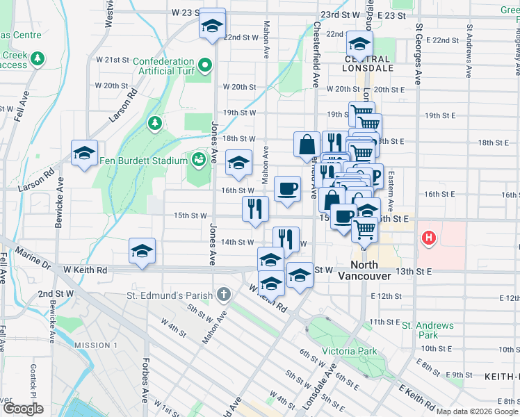 map of restaurants, bars, coffee shops, grocery stores, and more near 1509 Mahon Avenue in North Vancouver