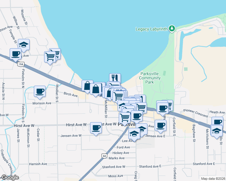 map of restaurants, bars, coffee shops, grocery stores, and more near 181 Beachside Drive in Parksville