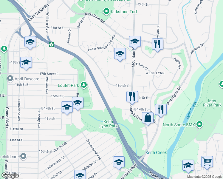 map of restaurants, bars, coffee shops, grocery stores, and more near 1723 Rufus Drive in North Vancouver