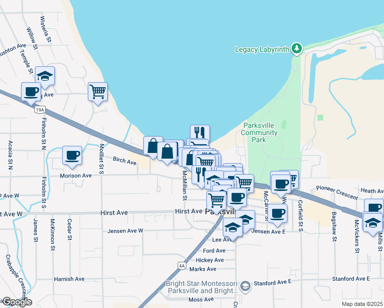 map of restaurants, bars, coffee shops, grocery stores, and more near 181 Beachside Drive in Parksville