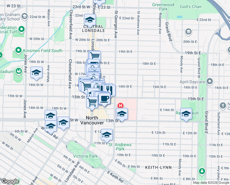 map of restaurants, bars, coffee shops, grocery stores, and more near 1535 St Georges Ave in North Vancouver