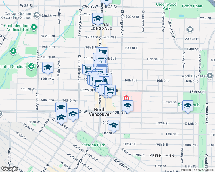 map of restaurants, bars, coffee shops, grocery stores, and more near 1515 Eastern Avenue in North Vancouver