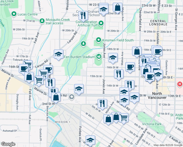 map of restaurants, bars, coffee shops, grocery stores, and more near 450 West 15th Avenue in Vancouver
