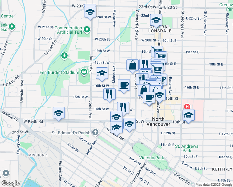 map of restaurants, bars, coffee shops, grocery stores, and more near 1518 Mahon Avenue in North Vancouver