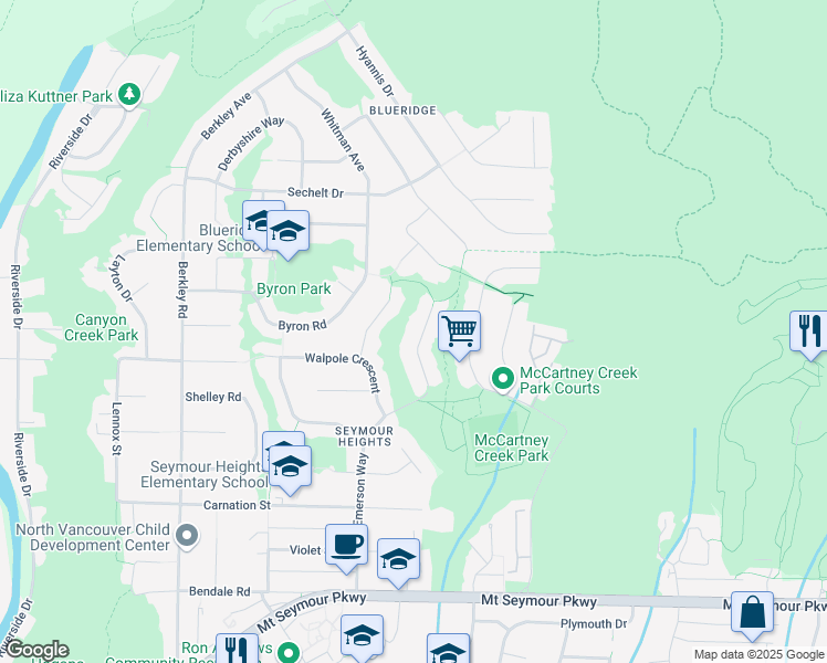 map of restaurants, bars, coffee shops, grocery stores, and more near 1723 Emerson Court in North Vancouver