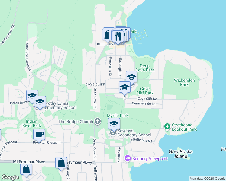 map of restaurants, bars, coffee shops, grocery stores, and more near 4339 Cliffmont Road in North Vancouver