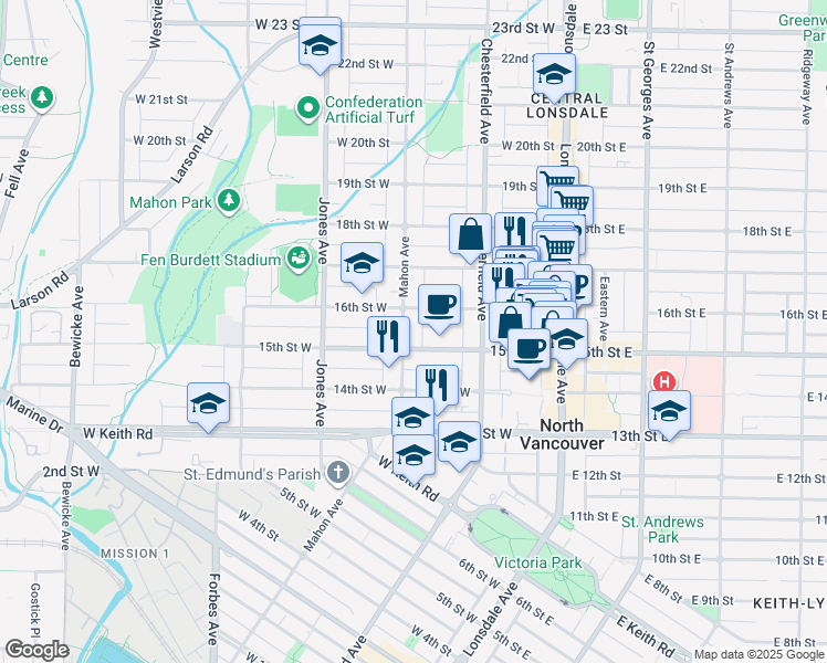 map of restaurants, bars, coffee shops, grocery stores, and more near 1518 Mahon Avenue in North Vancouver