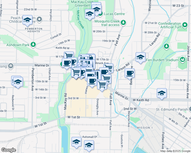 map of restaurants, bars, coffee shops, grocery stores, and more near 900 16th Street West in North Vancouver