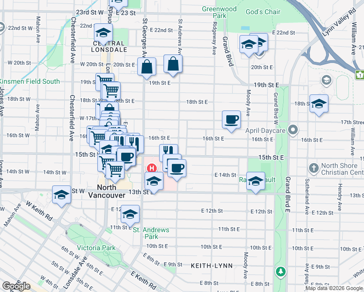 map of restaurants, bars, coffee shops, grocery stores, and more near 1536 Saint Andrews Avenue in North Vancouver