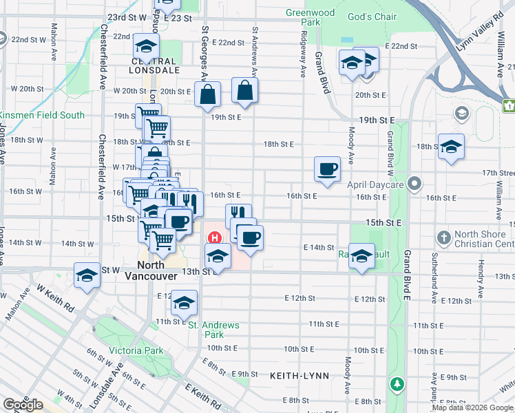 map of restaurants, bars, coffee shops, grocery stores, and more near 1536 Saint Andrews Avenue in North Vancouver
