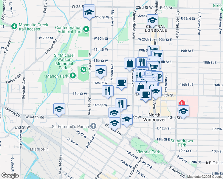 map of restaurants, bars, coffee shops, grocery stores, and more near 1524 Mahon Avenue in North Vancouver
