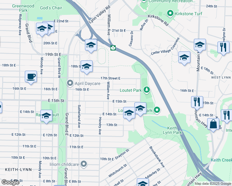 map of restaurants, bars, coffee shops, grocery stores, and more near 821 16th Street in North Vancouver