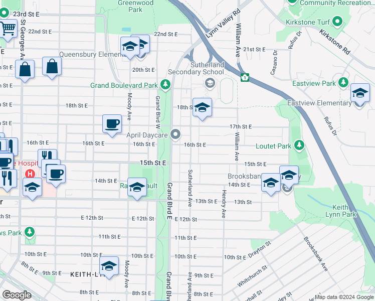 map of restaurants, bars, coffee shops, grocery stores, and more near 1553 Sutherland Avenue in North Vancouver