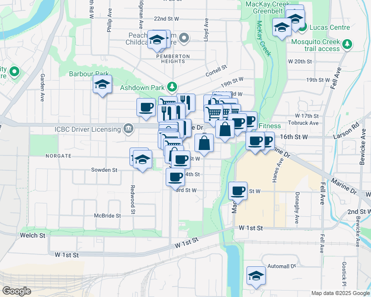 map of restaurants, bars, coffee shops, grocery stores, and more near in North Vancouver