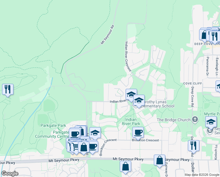 map of restaurants, bars, coffee shops, grocery stores, and more near 1716 Cascade Court in North Vancouver