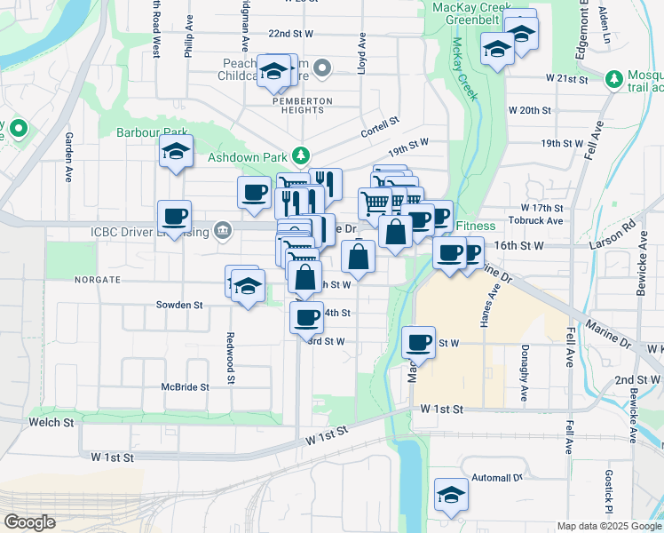map of restaurants, bars, coffee shops, grocery stores, and more near 588 16th Street West in Metro Vancouver