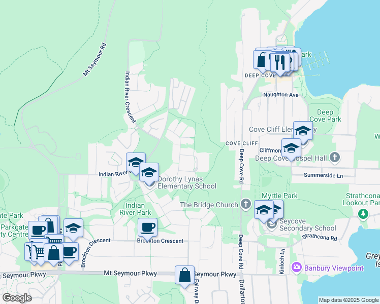 map of restaurants, bars, coffee shops, grocery stores, and more near 4058 Deane Place in North Vancouver