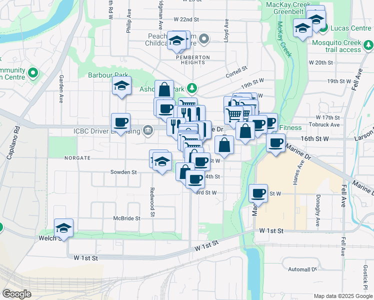 map of restaurants, bars, coffee shops, grocery stores, and more near in North Vancouver
