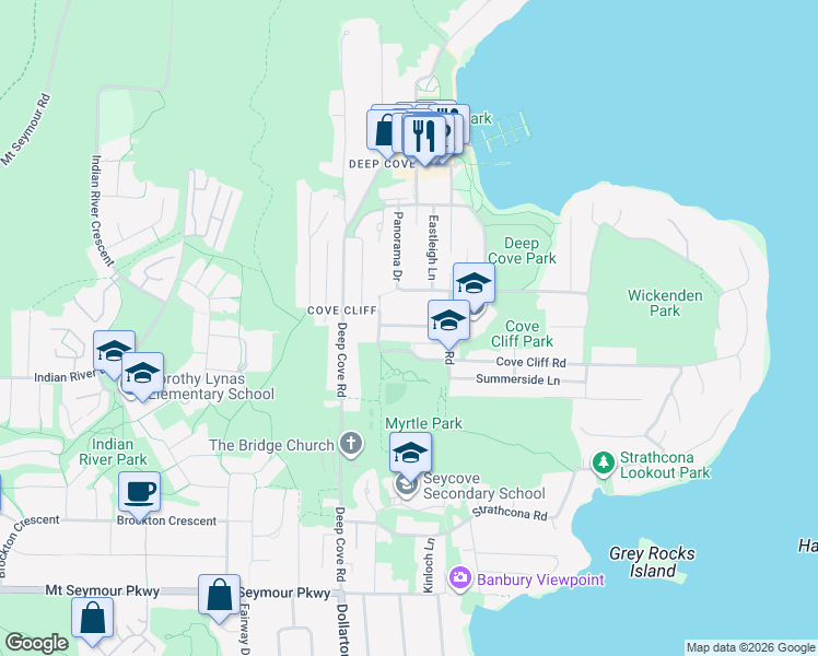 map of restaurants, bars, coffee shops, grocery stores, and more near 4339 Cliffmont Road in North Vancouver