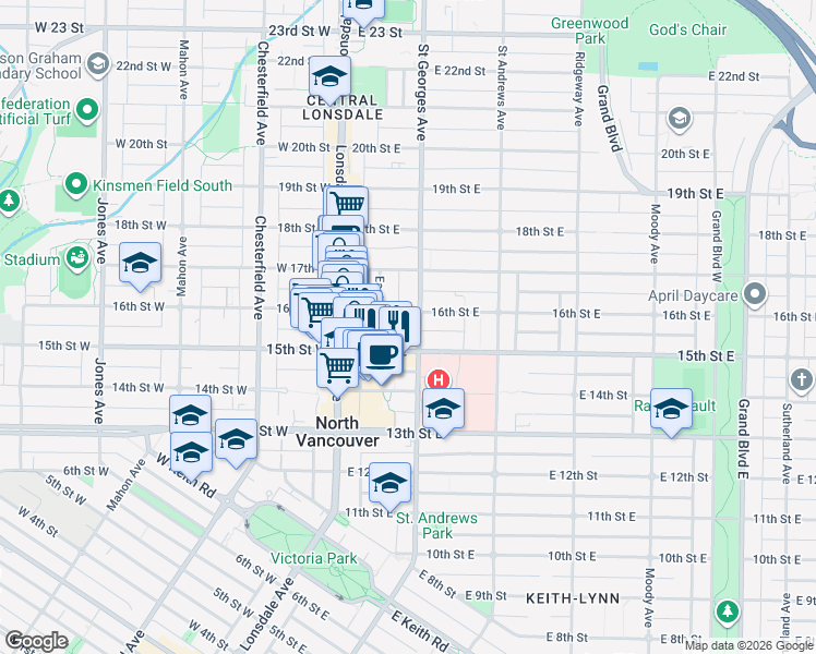 map of restaurants, bars, coffee shops, grocery stores, and more near 1535 Saint Georges Avenue in North Vancouver